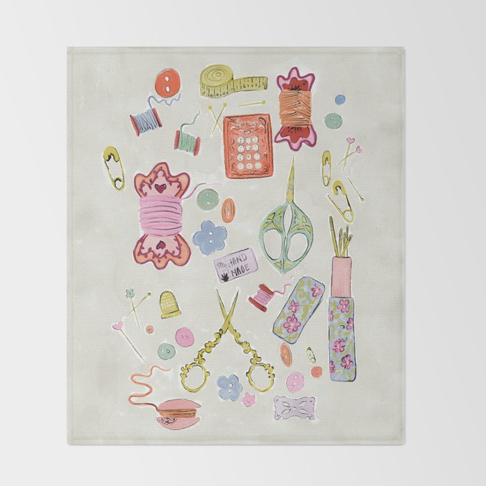 Vintage Sewing Kit Illustration Throw Blanket Gallery Image 2
