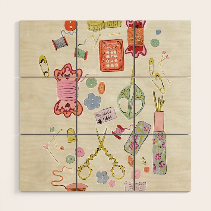 Vintage Sewing Kit Illustration Wood Wall Art Gallery Image 1