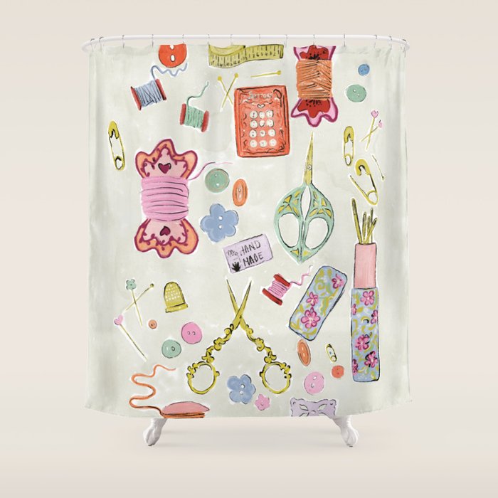 Vintage Sewing Kit Illustration Shower Curtain Gallery Image 1