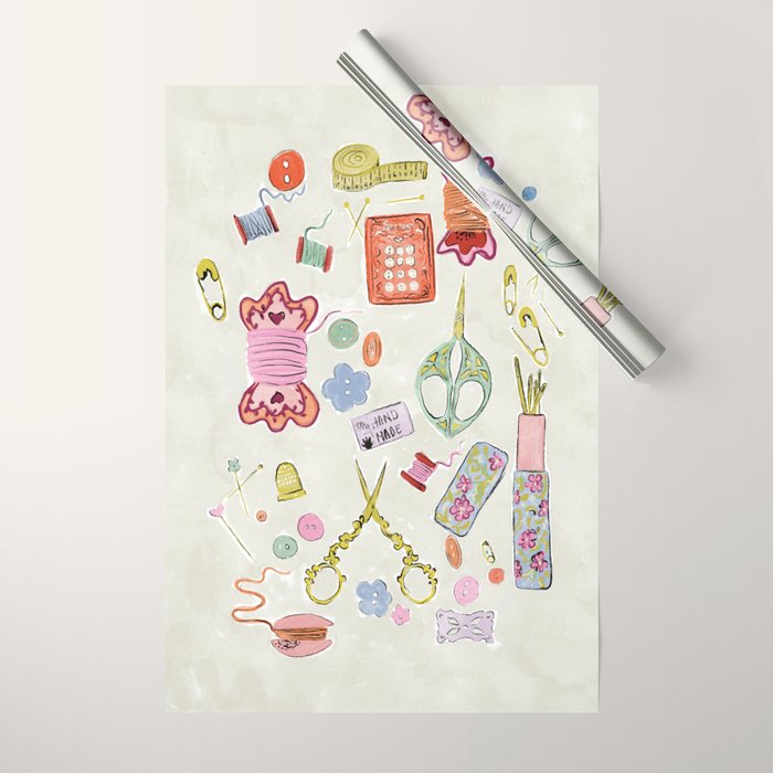 Vintage Sewing Kit Illustration Wrapping Paper Gallery Image 1
