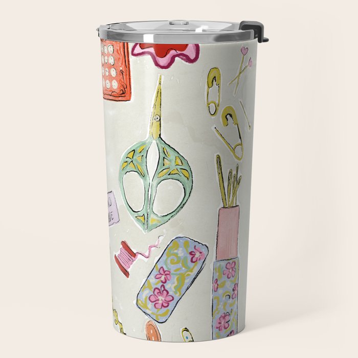 Vintage Sewing Kit Illustration Travel Mug Gallery Image 2
