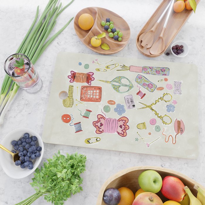 Vintage Sewing Kit Illustration Cutting Board Gallery Image 2
