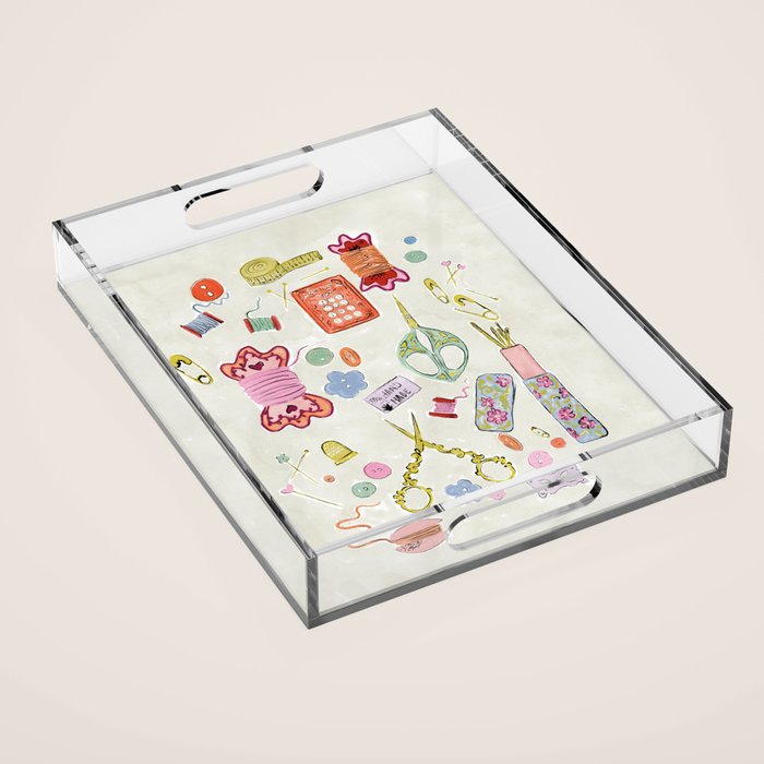 Vintage Sewing Kit Illustration Acrylic Tray Gallery Image 1
