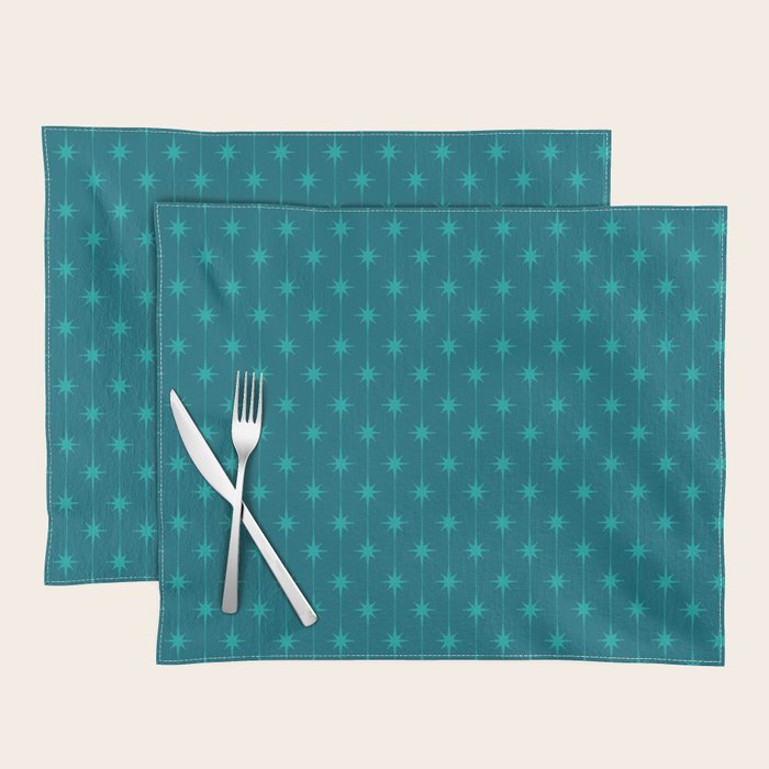 Midcentury Stars and Dots Pattern in Teal Blue and Turquoise Placemat Gallery Image 1