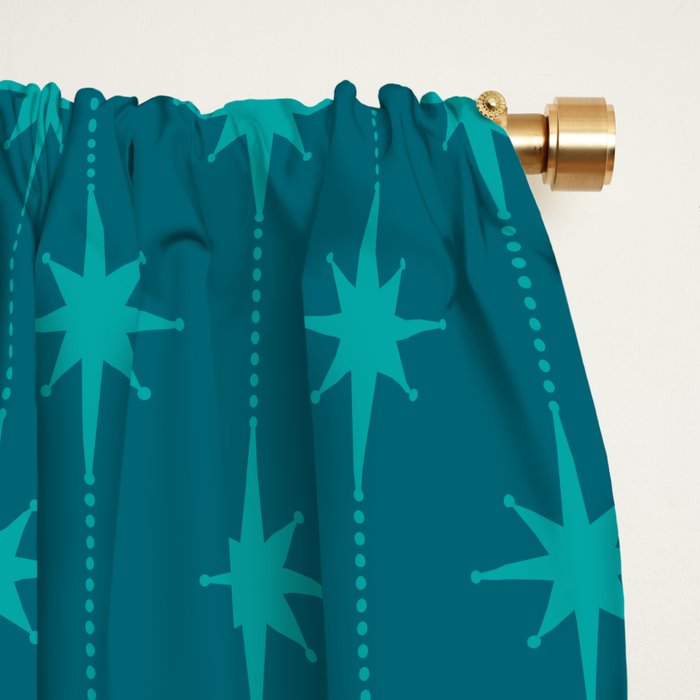 Midcentury Stars and Dots Pattern in Teal Blue and Turquoise Window Curtain Gallery Image 2