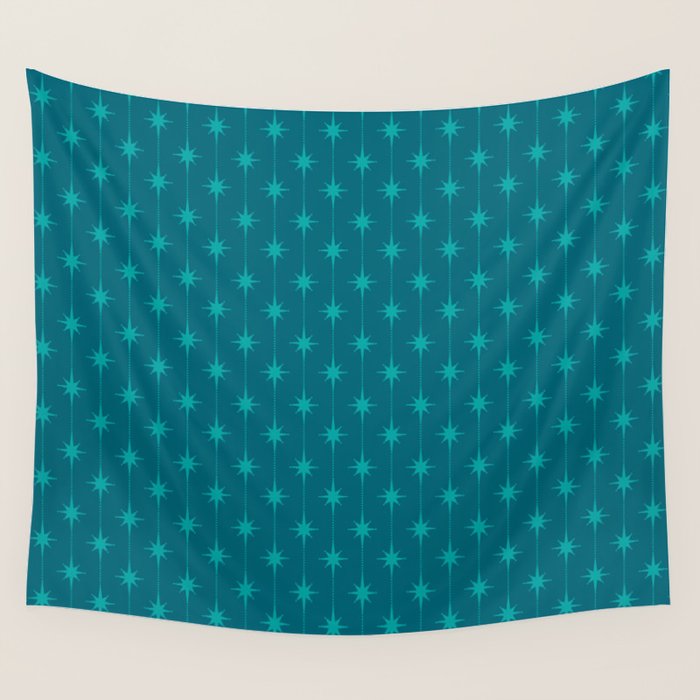 Midcentury Stars and Dots Pattern in Teal Blue and Turquoise Wall Tapestry Gallery Image 1