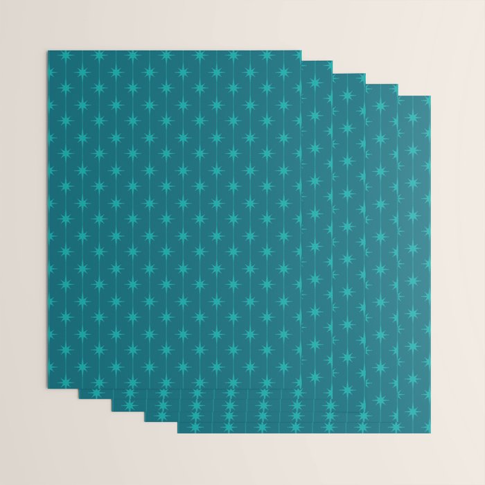 Midcentury Stars and Dots Pattern in Teal Blue and Turquoise Wrapping Paper Gallery Image 3