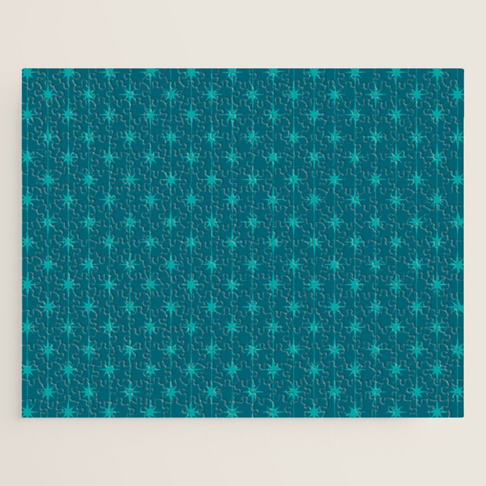 Midcentury Stars and Dots Pattern in Teal Blue and Turquoise Jigsaw Puzzle Gallery Image 1