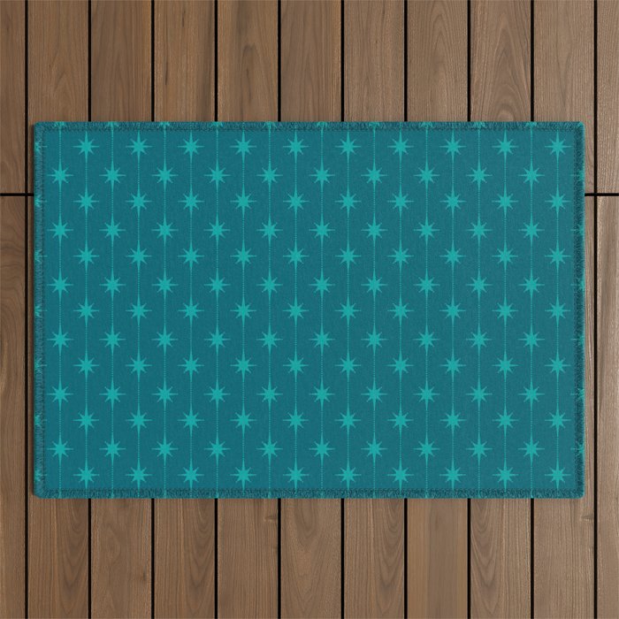 Midcentury Stars and Dots Pattern in Teal Blue and Turquoise Outdoor Rug Gallery Image 1