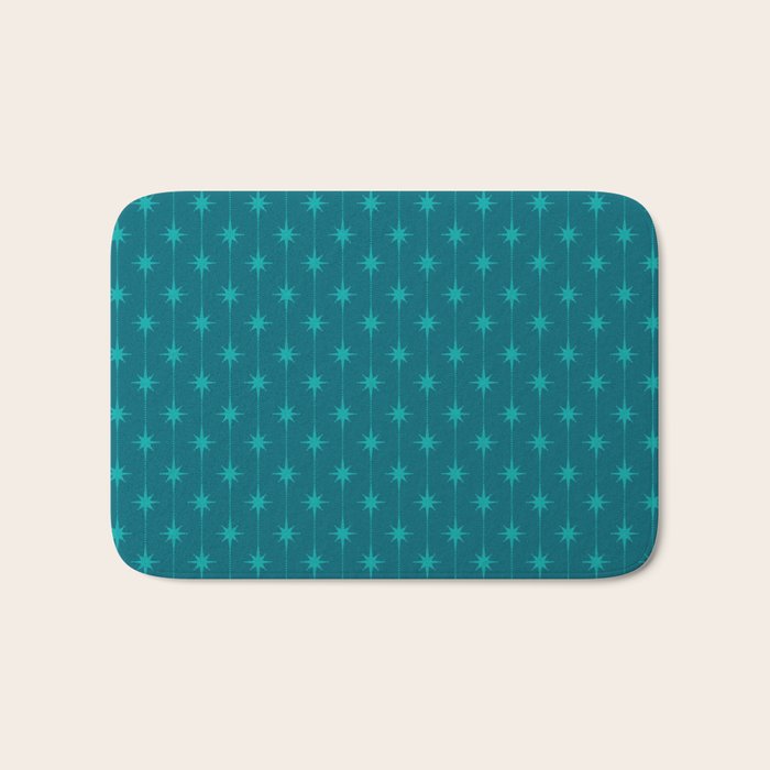 Midcentury Stars and Dots Pattern in Teal Blue and Turquoise Bath Mat Gallery Image 1
