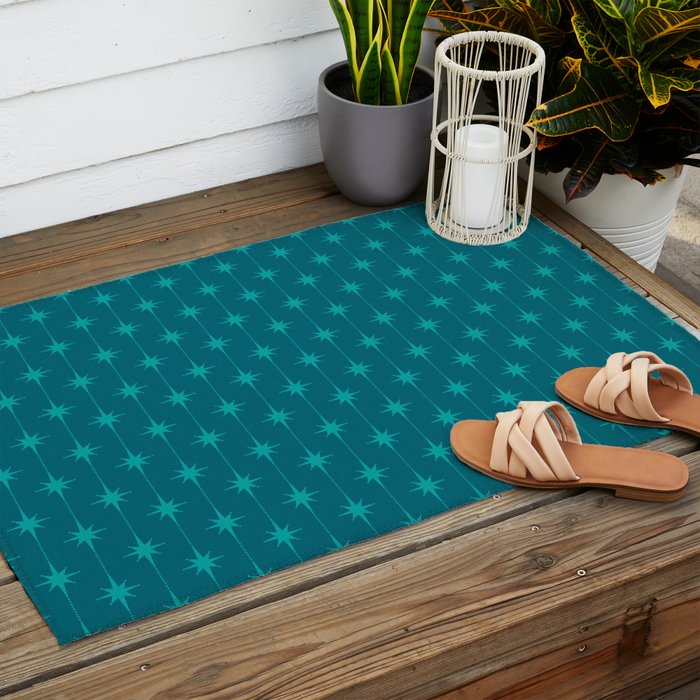 Midcentury Stars and Dots Pattern in Teal Blue and Turquoise Outdoor Rug Gallery Image 2