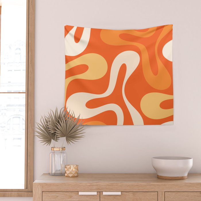Soft Curves Retro Modern Abstract in  Tangerine Orange Tones Wall Tapestry Gallery Image 2
