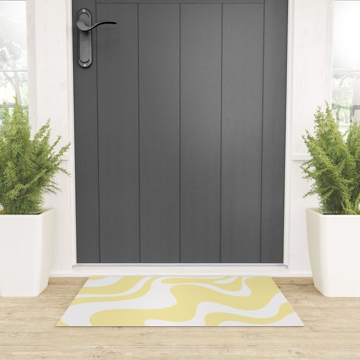 Retro Liquid Swirl Contemporary Abstract Pattern 2 in Butter Yellow and White Welcome Mat Gallery Image 3