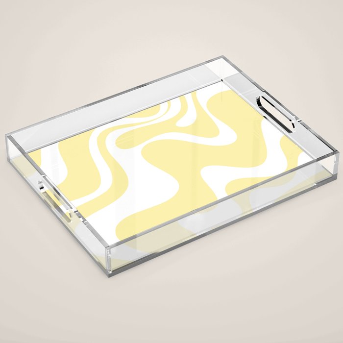 Retro Liquid Swirl Contemporary Abstract Pattern 2 in Butter Yellow and White Acrylic Tray Gallery Image 1