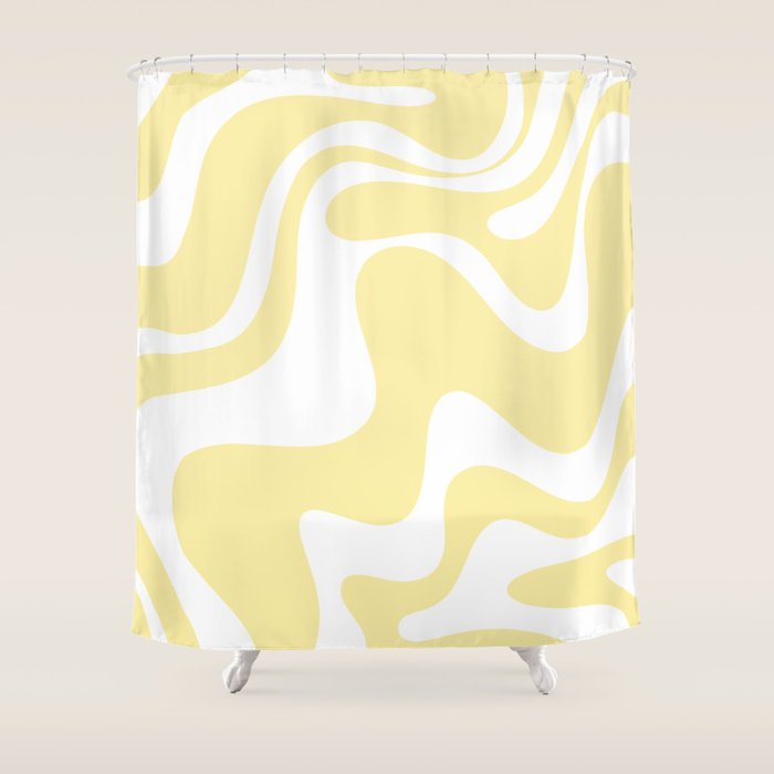 Retro Liquid Swirl Contemporary Abstract Pattern 2 in Butter Yellow and White Shower Curtain Gallery Image 1