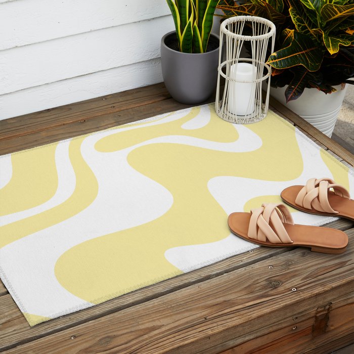 Retro Liquid Swirl Contemporary Abstract Pattern 2 in Butter Yellow and White Outdoor Rug Gallery Image 2