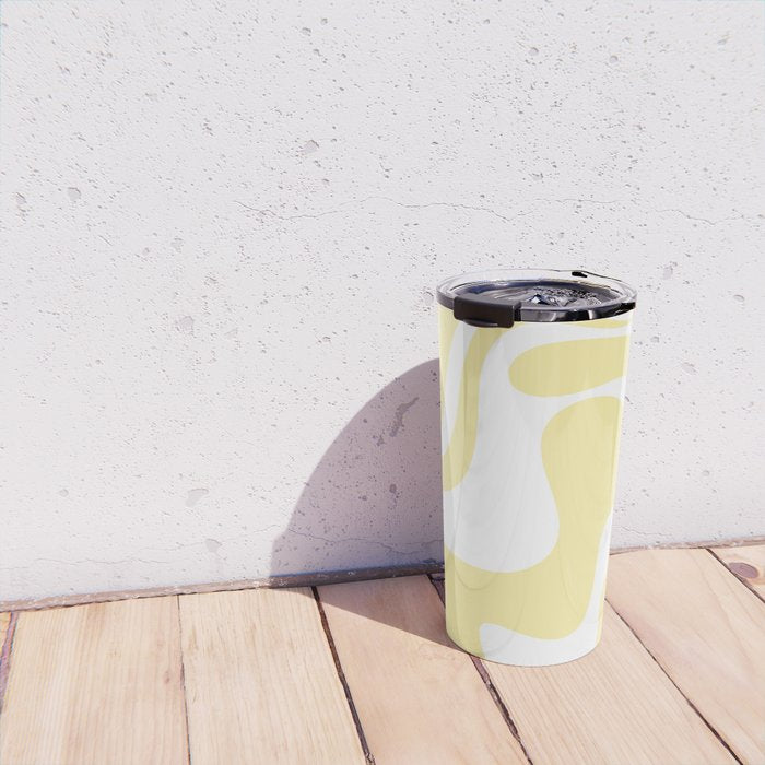 Retro Liquid Swirl Contemporary Abstract Pattern 2 in Butter Yellow and White Travel Mug Gallery Image 4