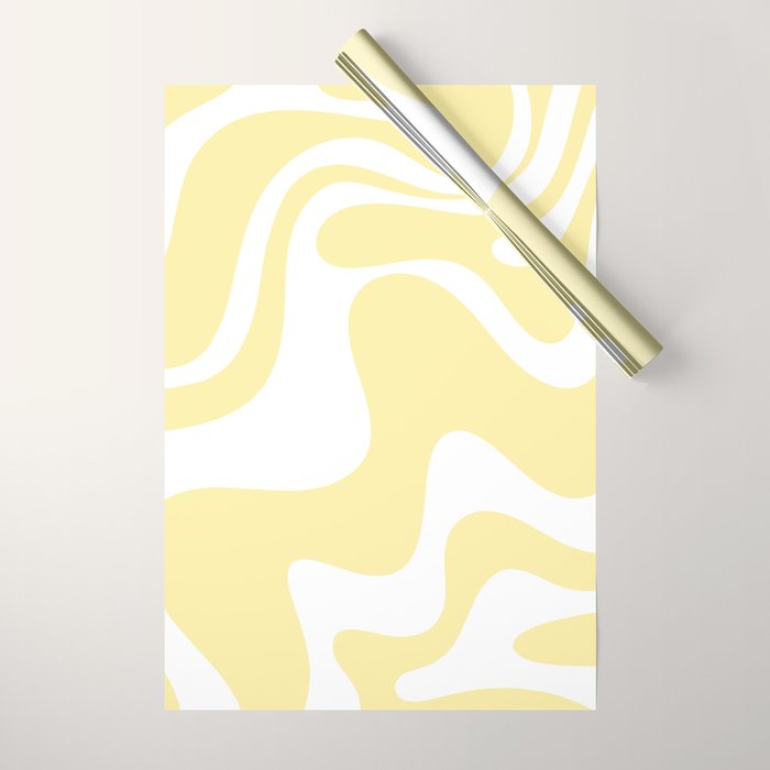 Retro Liquid Swirl Contemporary Abstract Pattern 2 in Butter Yellow and White Wrapping Paper Gallery Image 1