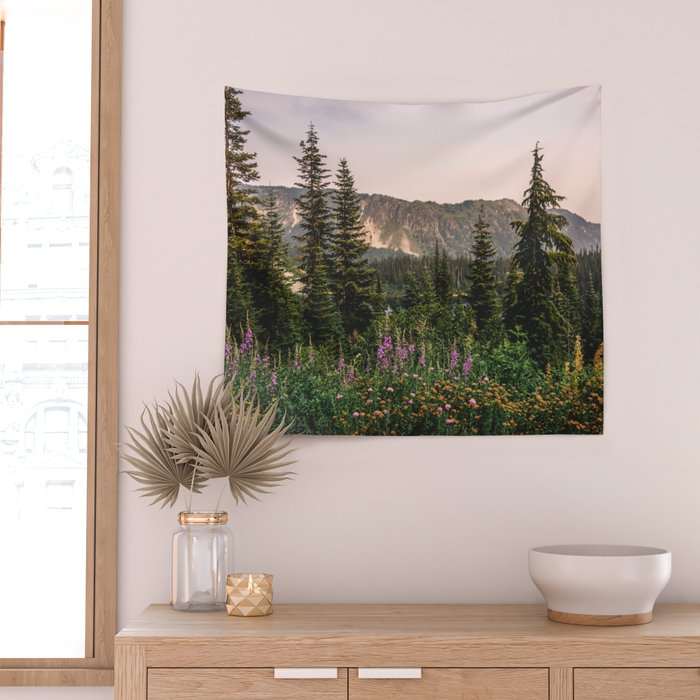 Mount Rainier Wildflower Adventure - National Park Wanderlust Wall Tapestry Gallery Image 2