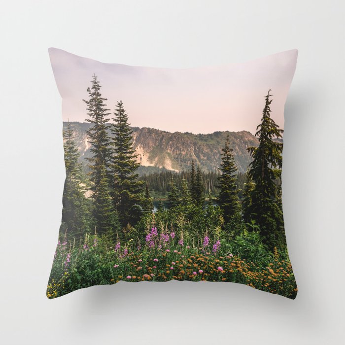 Mount Rainier Wildflower Adventure - National Park Wanderlust Throw Pillow Gallery Image 1
