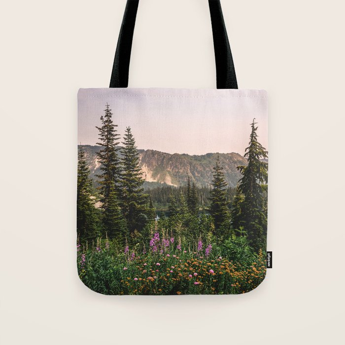 Mount Rainier Wildflower Adventure - National Park Wanderlust Tote Bag Gallery Image 1