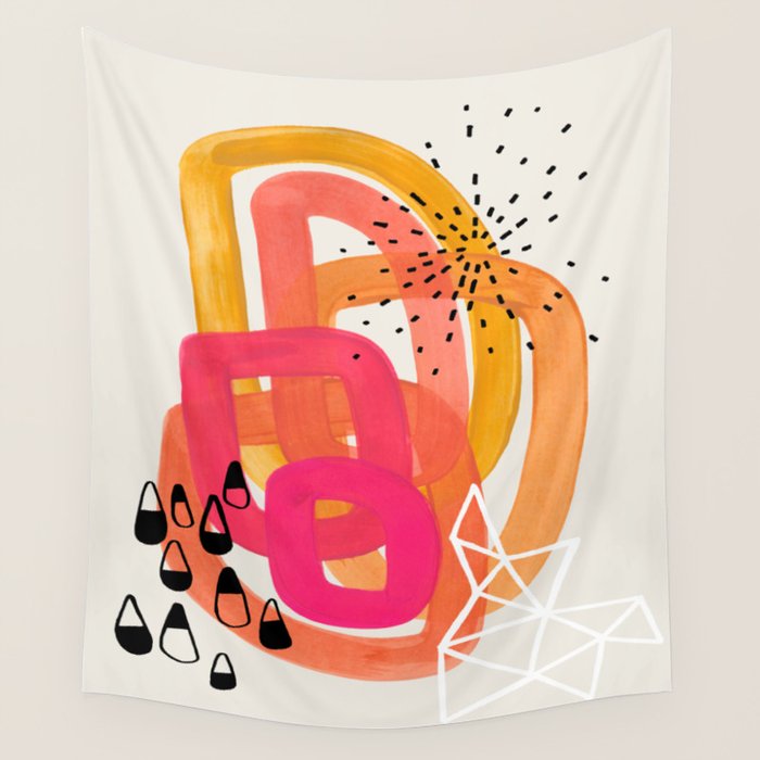 Mid Century Modern Abstract Colorful Art Ombre Magenta Yellow Circles Raindrops Geometric Pattern Wall Tapestry Gallery Image 4