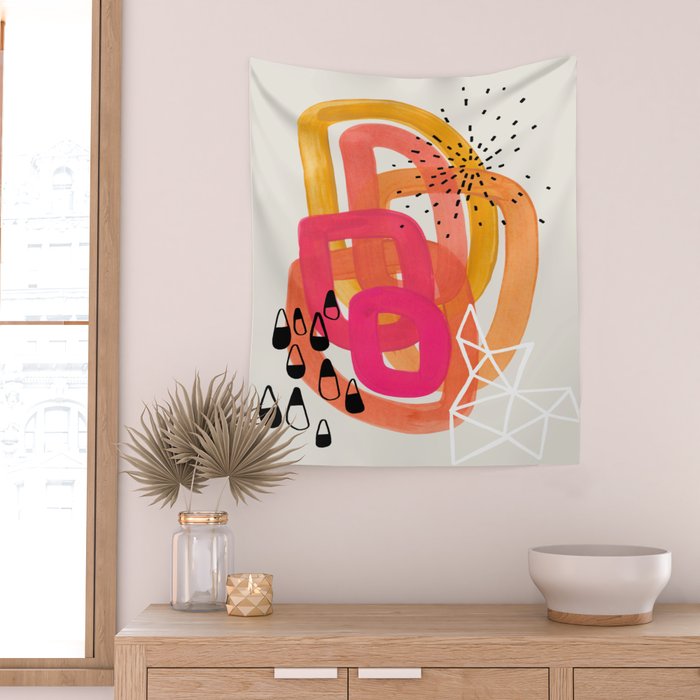 Mid Century Modern Abstract Colorful Art Ombre Magenta Yellow Circles Raindrops Geometric Pattern Wall Tapestry Gallery Image 2