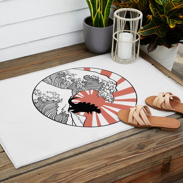 Godzilla Rising Sun The Great Wave  Outdoor Rug Gallery Image 2