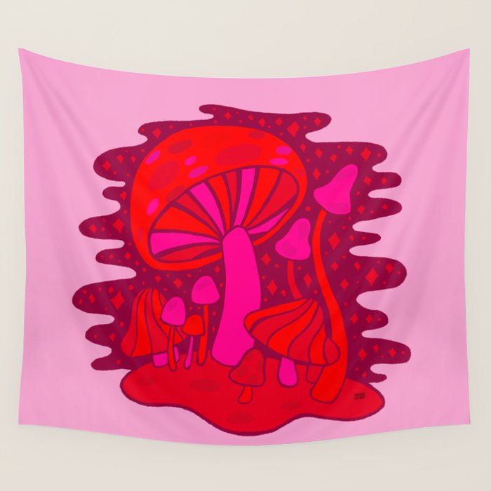 Pink Mushrooms Wall Tapestry Gallery Image 1
