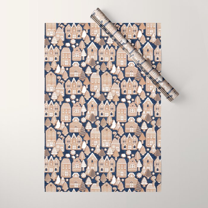 Whimsical Gingerbread Christmas Village // blue and brown Wrapping Paper Gallery Image 1