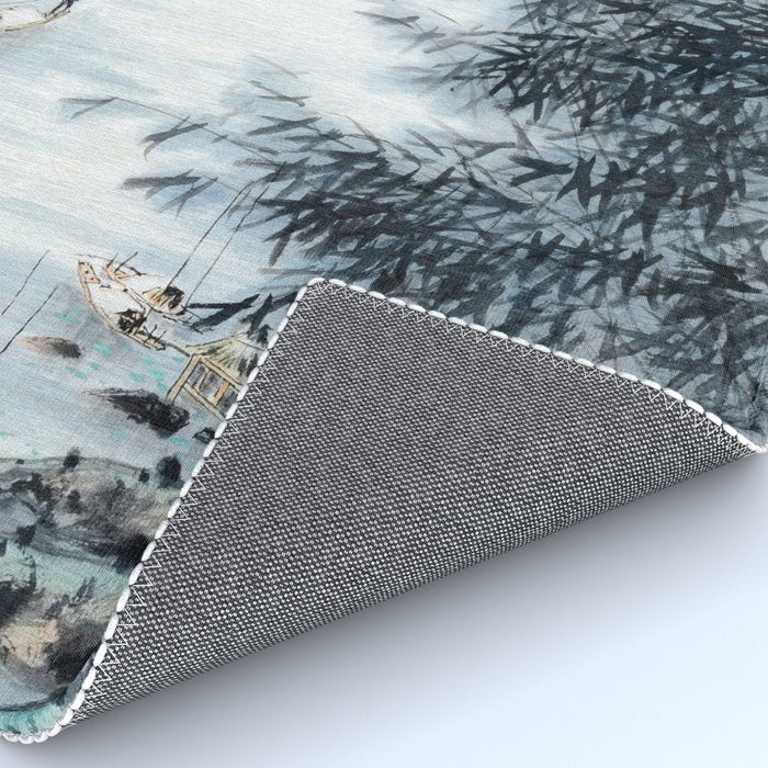 Traditional Japanese Ink Fishing Boat Mountain River Landscape Rug Gallery Image 4