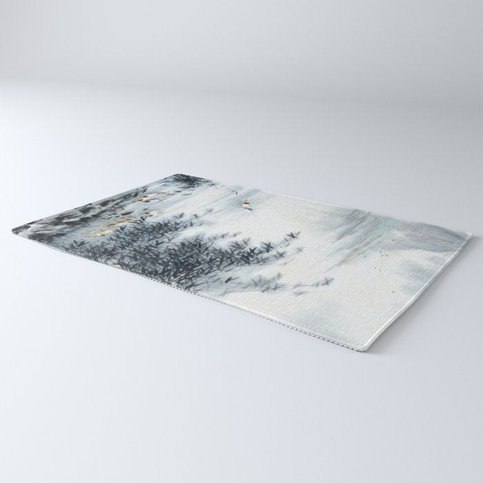 Traditional Japanese Ink Fishing Boat Mountain River Landscape Rug Gallery Image 3