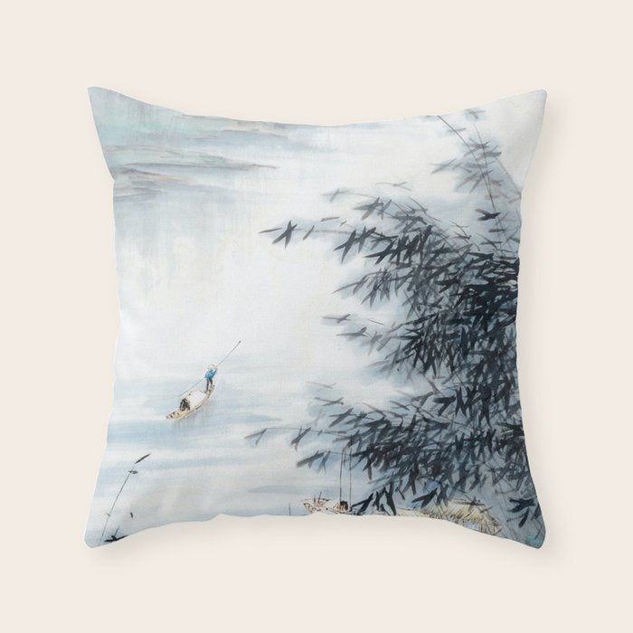 Traditional Japanese Ink Fishing Boat Mountain River Landscape Throw Pillow Gallery Image 1