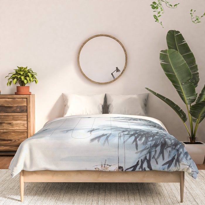 Traditional Japanese Ink Fishing Boat Mountain River Landscape Comforter Gallery Image 3
