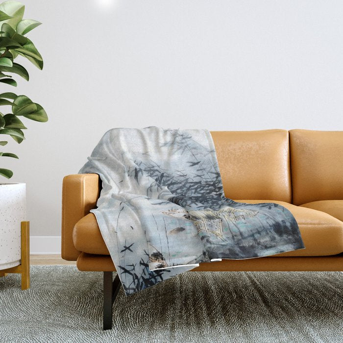 Traditional Japanese Ink Fishing Boat Mountain River Landscape Throw Blanket Gallery Image 1