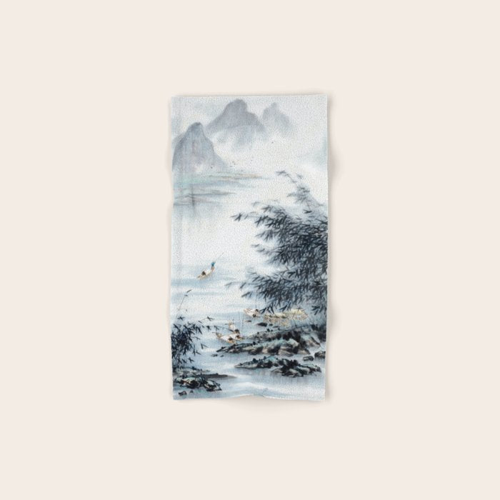 Traditional Japanese Ink Fishing Boat Mountain River Landscape Bath Towel Gallery Image 1