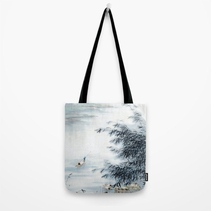 Traditional Japanese Ink Fishing Boat Mountain River Landscape Tote Bag Gallery Image 2