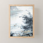 Traditional Japanese Ink Fishing Boat Mountain River Landscape Mini Art Print Gallery Image 1