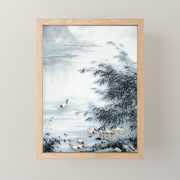 Traditional Japanese Ink Fishing Boat Mountain River Landscape Mini Art Print Gallery Image 1