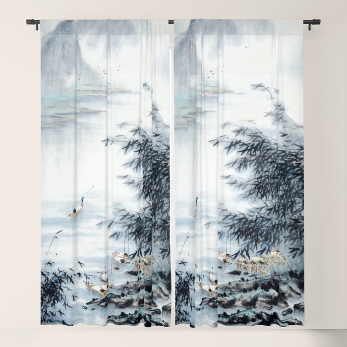 Traditional Japanese Ink Fishing Boat Mountain River Landscape Window Curtain Gallery Image 1