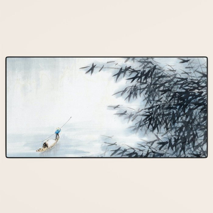 Traditional Japanese Ink Fishing Boat Mountain River Landscape Desk Mat Gallery Image 3