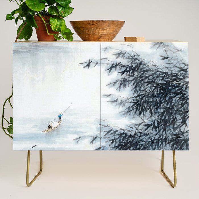 Traditional Japanese Ink Fishing Boat Mountain River Landscape Credenza Gallery Image 1