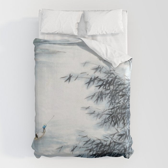 Traditional Japanese Ink Fishing Boat Mountain River Landscape Duvet Cover Gallery Image 1