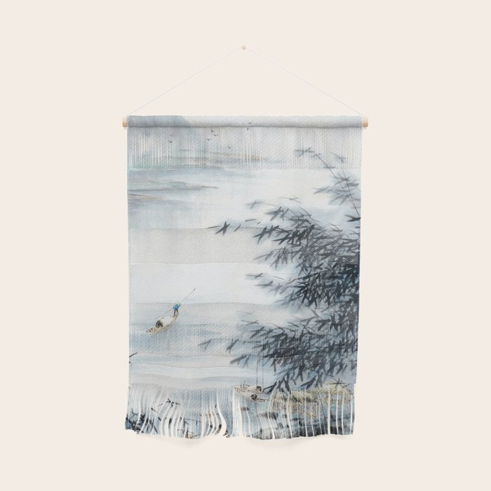 Traditional Japanese Ink Fishing Boat Mountain River Landscape Wall Hanging Gallery Image 1