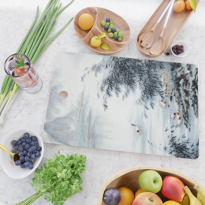 Traditional Japanese Ink Fishing Boat Mountain River Landscape Cutting Board Gallery Image 2