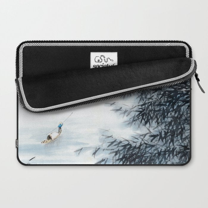 Traditional Japanese Ink Fishing Boat Mountain River Landscape Laptop Sleeve Gallery Image 2