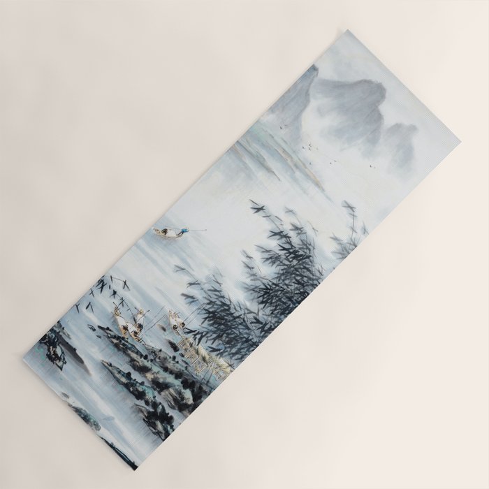 Traditional Japanese Ink Fishing Boat Mountain River Landscape Yoga Mat Gallery Image 1