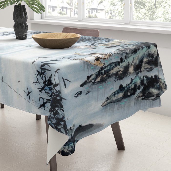 Traditional Japanese Ink Fishing Boat Mountain River Landscape Tablecloth Gallery Image 3