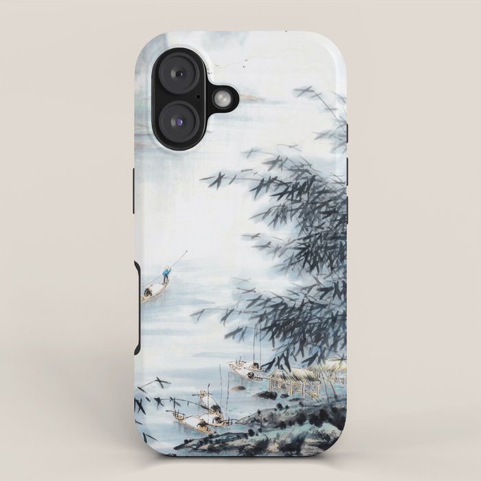 Traditional Japanese Ink Fishing Boat Mountain River Landscape iPhone Case Gallery Image 1