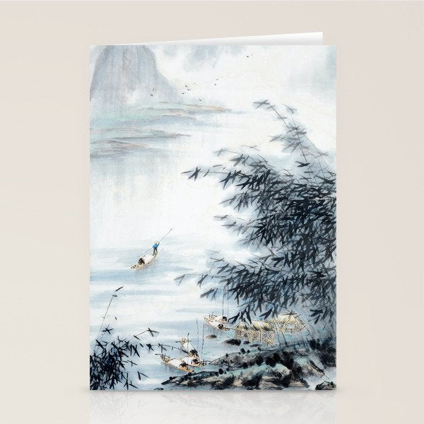 Traditional Japanese Ink Fishing Boat Mountain River Landscape Stationery Card Gallery Image 2